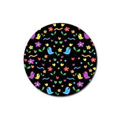 Cute Birds And Flowers Pattern - Black Magnet 3  (round) by Valentinaart