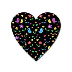 Cute Birds And Flowers Pattern - Black Heart Magnet by Valentinaart