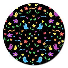 Cute Birds And Flowers Pattern - Black Magnet 5  (round) by Valentinaart