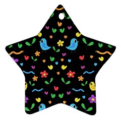 Cute Birds And Flowers Pattern - Black Star Ornament (two Sides) 