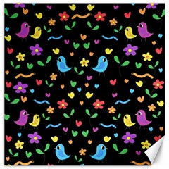 Cute Birds And Flowers Pattern - Black Canvas 12  X 12   by Valentinaart