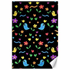 Cute Birds And Flowers Pattern - Black Canvas 12  X 18   by Valentinaart