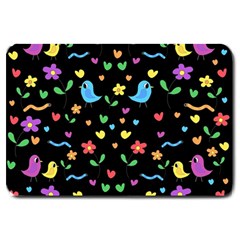 Cute Birds And Flowers Pattern - Black Large Doormat  by Valentinaart