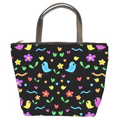 Cute Birds And Flowers Pattern - Black Bucket Bags by Valentinaart