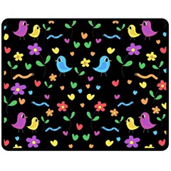 Cute Birds And Flowers Pattern - Black Fleece Blanket (medium)  by Valentinaart