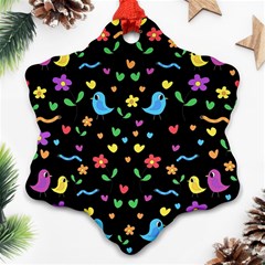 Cute Birds And Flowers Pattern - Black Snowflake Ornament (2-side) by Valentinaart