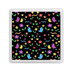 Cute Birds And Flowers Pattern - Black Memory Card Reader (square)  by Valentinaart