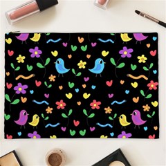 Cute Birds And Flowers Pattern - Black Cosmetic Bag (xxl)  by Valentinaart