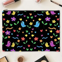 Cute Birds And Flowers Pattern - Black Cosmetic Bag (xxxl)  by Valentinaart