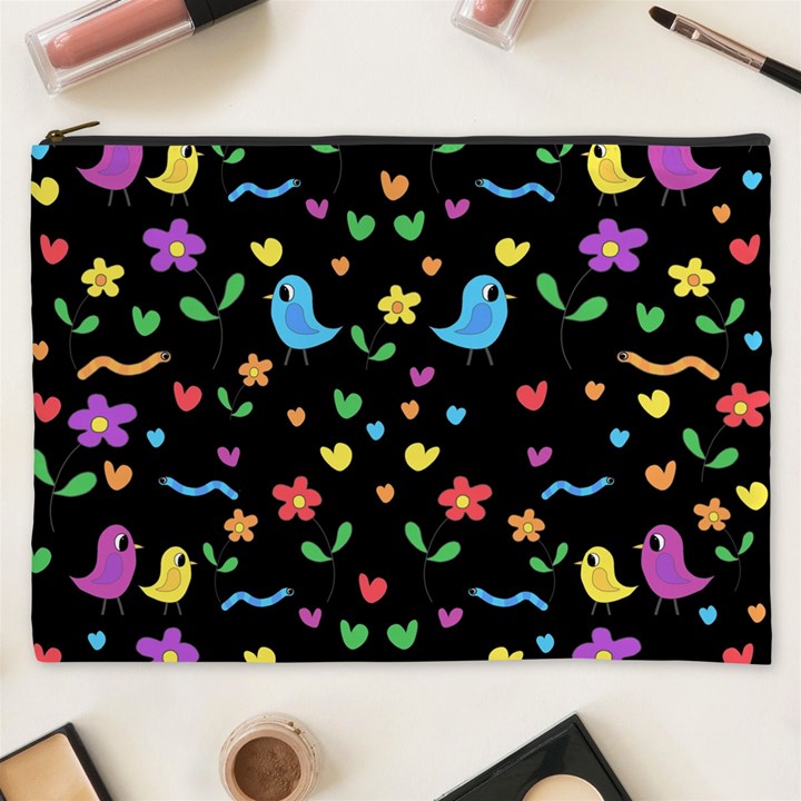 Cute birds and flowers pattern - black Cosmetic Bag (XXXL) 