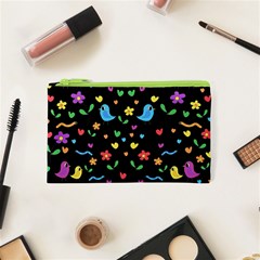 Cute Birds And Flowers Pattern - Black Cosmetic Bag (xs) by Valentinaart