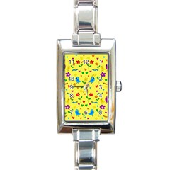 Yellow Cute Birds And Flowers Pattern Rectangle Italian Charm Watch by Valentinaart