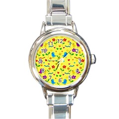 Yellow Cute Birds And Flowers Pattern Round Italian Charm Watch by Valentinaart