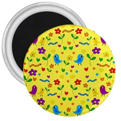 Yellow Cute Birds And Flowers Pattern 3  Magnets by Valentinaart