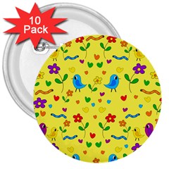 Yellow Cute Birds And Flowers Pattern 3  Buttons (10 Pack)  by Valentinaart