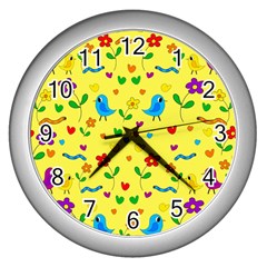 Yellow Cute Birds And Flowers Pattern Wall Clocks (silver)  by Valentinaart