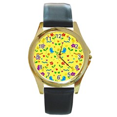 Yellow Cute Birds And Flowers Pattern Round Gold Metal Watch by Valentinaart