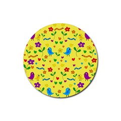 Yellow Cute Birds And Flowers Pattern Rubber Round Coaster (4 Pack)  by Valentinaart