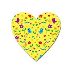 Yellow Cute Birds And Flowers Pattern Heart Magnet by Valentinaart