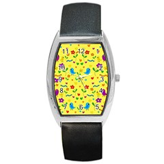 Yellow Cute Birds And Flowers Pattern Barrel Style Metal Watch by Valentinaart