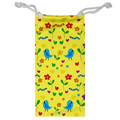 Yellow Cute Birds And Flowers Pattern Jewelry Bag by Valentinaart