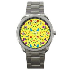 Yellow Cute Birds And Flowers Pattern Sport Metal Watch by Valentinaart