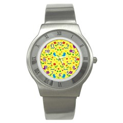 Yellow Cute Birds And Flowers Pattern Stainless Steel Watch by Valentinaart