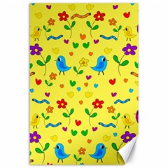 Yellow Cute Birds And Flowers Pattern Canvas 24  X 36  by Valentinaart