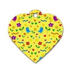 Yellow Cute Birds And Flowers Pattern Dog Tag Heart (two Sides) by Valentinaart