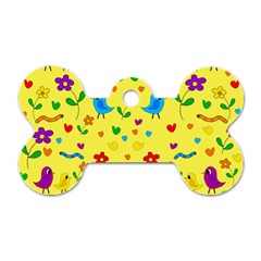 Yellow Cute Birds And Flowers Pattern Dog Tag Bone (one Side) by Valentinaart