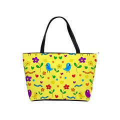 Yellow Cute Birds And Flowers Pattern Shoulder Handbags by Valentinaart