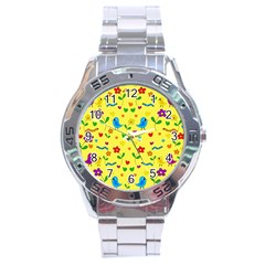 Yellow Cute Birds And Flowers Pattern Stainless Steel Analogue Watch by Valentinaart