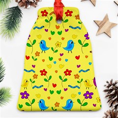 Yellow Cute Birds And Flowers Pattern Bell Ornament (2 Sides) by Valentinaart