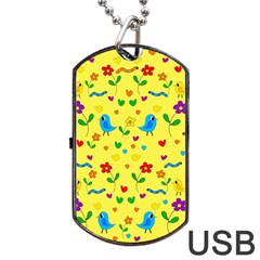 Yellow Cute Birds And Flowers Pattern Dog Tag Usb Flash (one Side) by Valentinaart