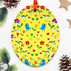 Yellow Cute Birds And Flowers Pattern Oval Filigree Ornament (2-side) 