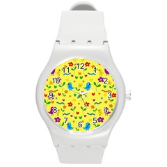 Yellow Cute Birds And Flowers Pattern Round Plastic Sport Watch (m) by Valentinaart