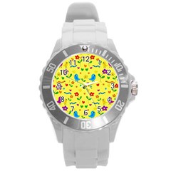 Yellow Cute Birds And Flowers Pattern Round Plastic Sport Watch (l) by Valentinaart