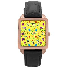 Yellow Cute Birds And Flowers Pattern Rose Gold Leather Watch  by Valentinaart