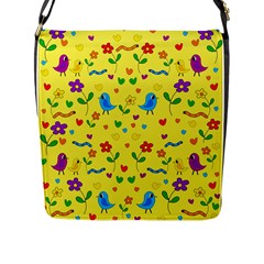 Yellow Cute Birds And Flowers Pattern Flap Messenger Bag (l)  by Valentinaart