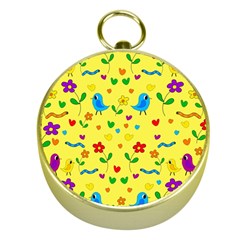 Yellow Cute Birds And Flowers Pattern Gold Compasses by Valentinaart