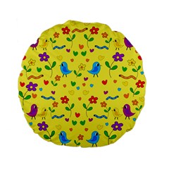 Yellow Cute Birds And Flowers Pattern Standard 15  Premium Flano Round Cushions by Valentinaart