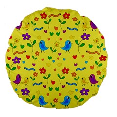 Yellow Cute Birds And Flowers Pattern Large 18  Premium Flano Round Cushions by Valentinaart