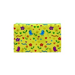 Yellow Cute Birds And Flowers Pattern Cosmetic Bag (xs) by Valentinaart