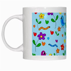 Blue Cute Birds And Flowers  White Mugs by Valentinaart