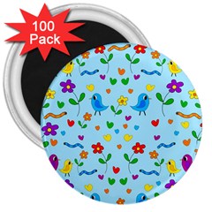 Blue Cute Birds And Flowers  3  Magnets (100 Pack) by Valentinaart