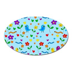 Blue Cute Birds And Flowers  Oval Magnet