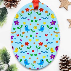 Blue Cute Birds And Flowers  Oval Ornament (two Sides) by Valentinaart