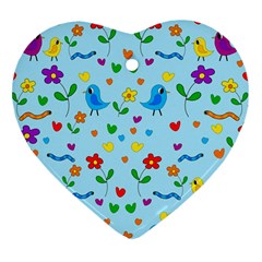 Blue Cute Birds And Flowers  Heart Ornament (2 Sides)