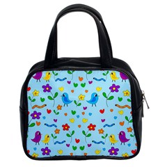 Blue Cute Birds And Flowers  Classic Handbags (2 Sides) by Valentinaart