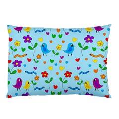 Blue Cute Birds And Flowers  Pillow Case by Valentinaart